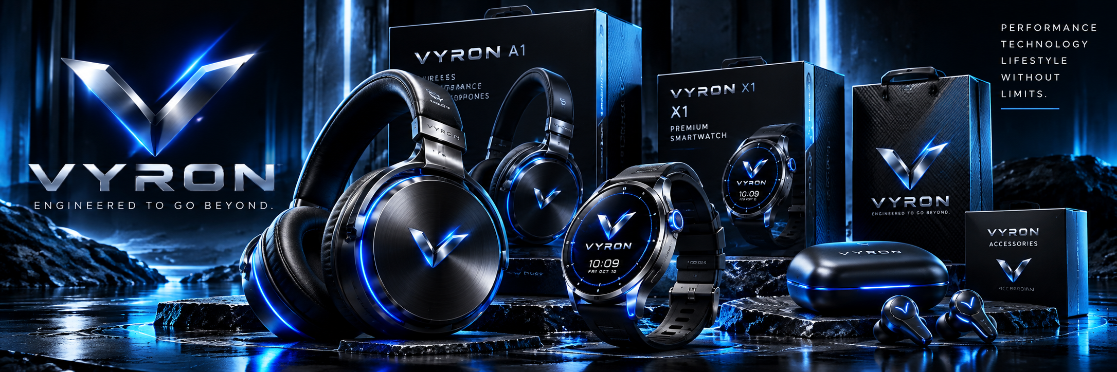 VYRON branded headphones, smartwatch and packaging