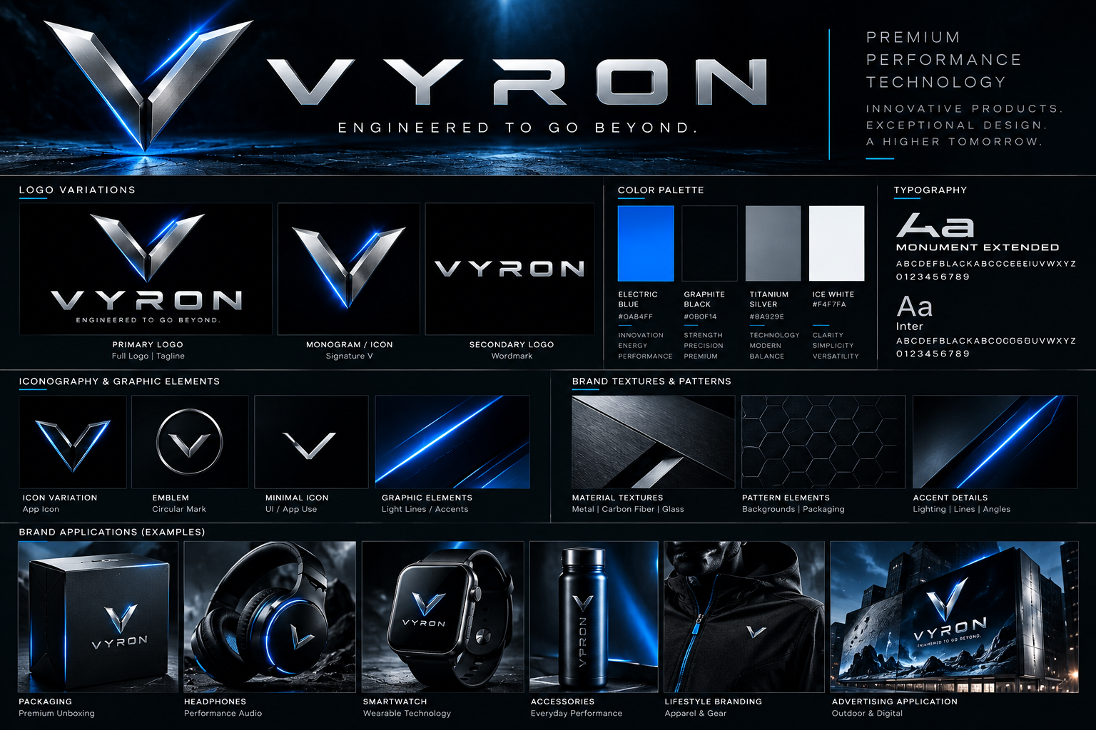 Complete VYRON logo and branding identity board