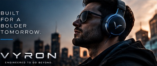 VYRON lifestyle advertisement featuring performance headphones