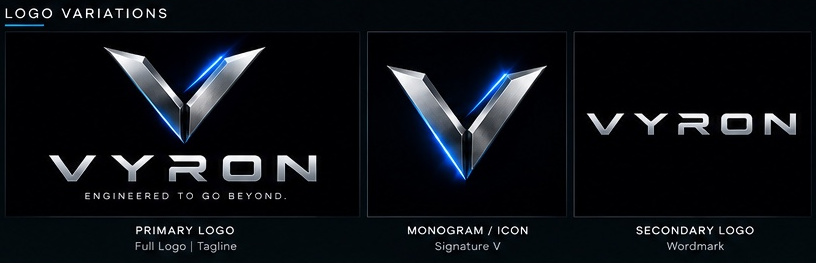 VYRON primary logo, monogram and secondary wordmark